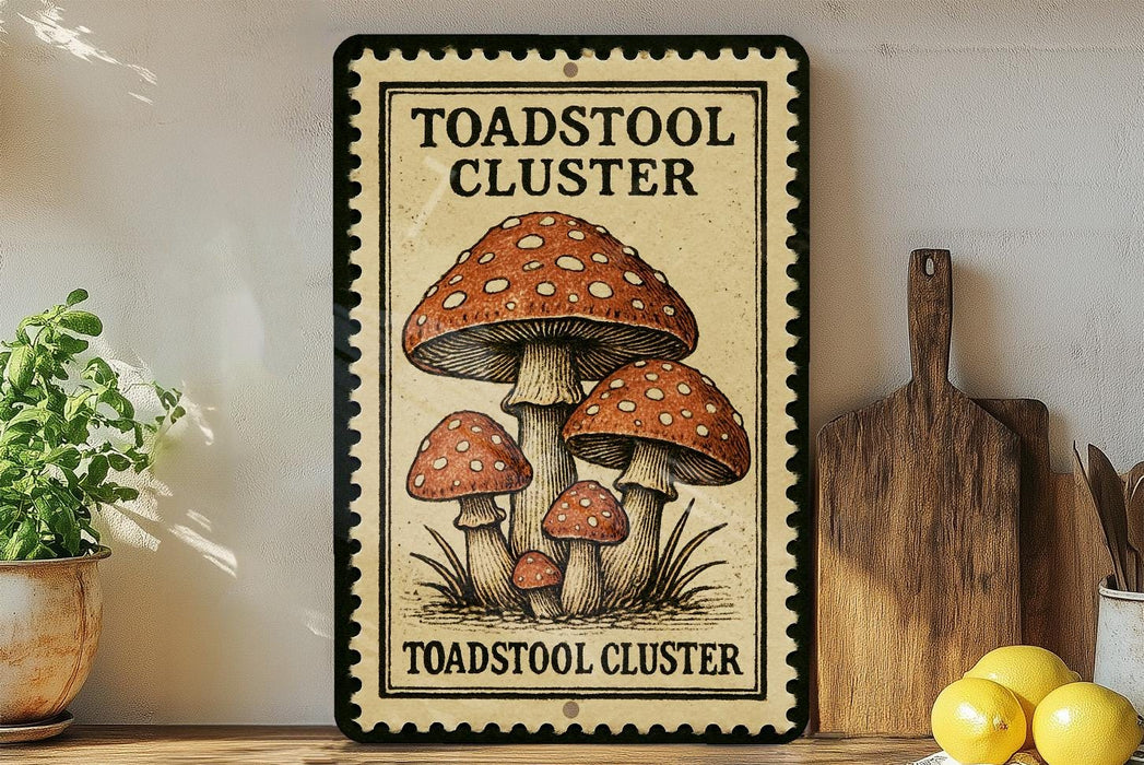 A framed sign with a mushroom illustration and the text "Toadstool Cluster" is displayed on a shelf next to a wooden cutting board and some potted plants.