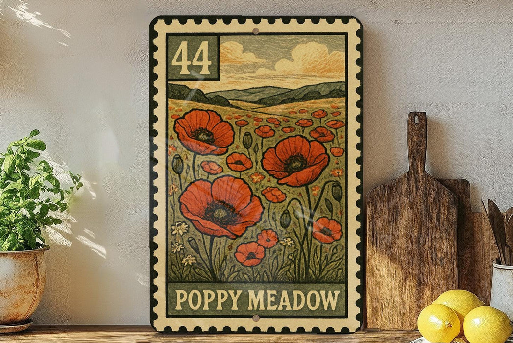 A framed illustration of a poppy field with the number 44 in the top left corner, surrounded by a border. The text "POPPY MOUNDOW" is displayed below the illustration.