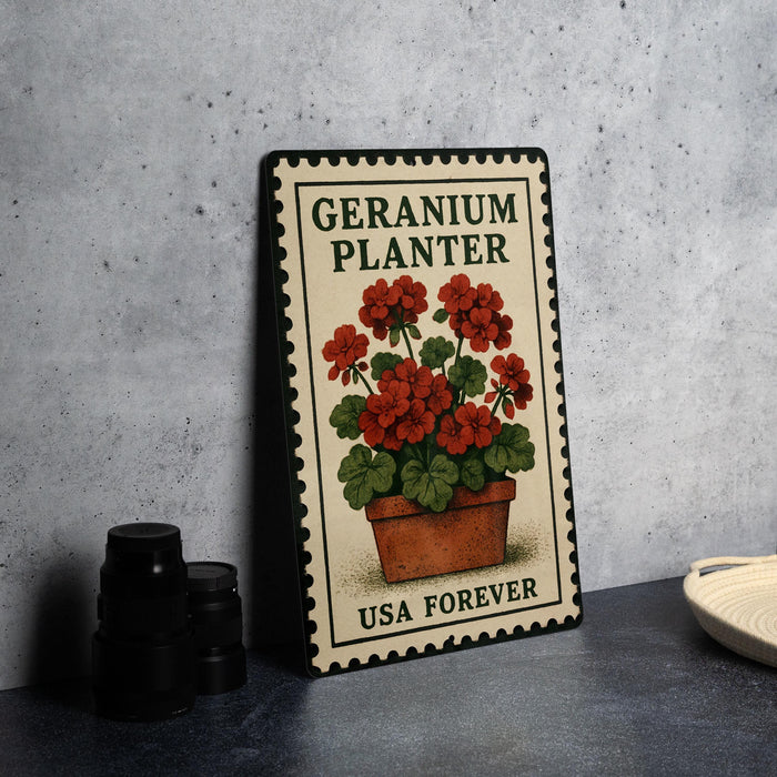 A metal sign with a floral design and text, placed on a table next to some black camera lenses.