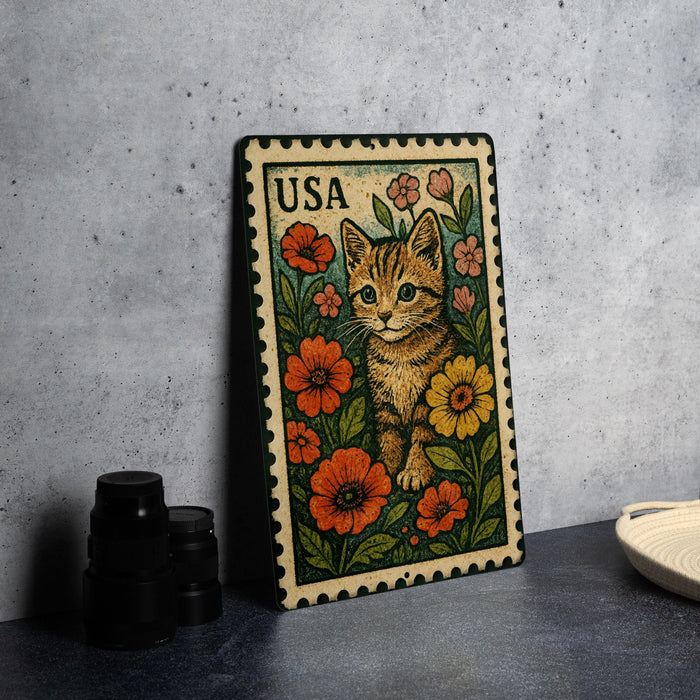 A framed stamp depicting a cat surrounded by flowers, with the word "USA" printed on it, is displayed on a table.