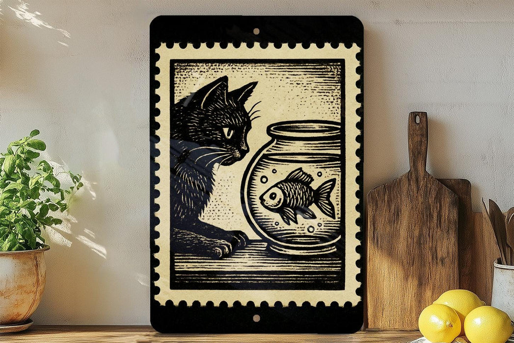 A framed illustration of a cat sitting next to a fishbowl, with a wooden cutting board and a potted plant in the background.