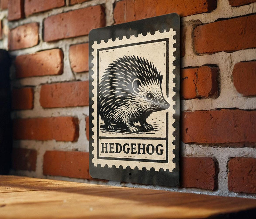 A metal sign featuring a black and white illustration of a hedgehog is mounted on a brick wall.