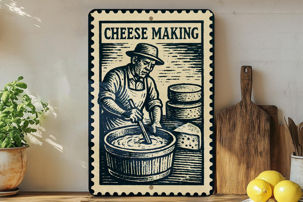 a vintage-style metal sign with a black and white illustration of a man making cheese, surrounded by various kitchen utensils and ingredients.