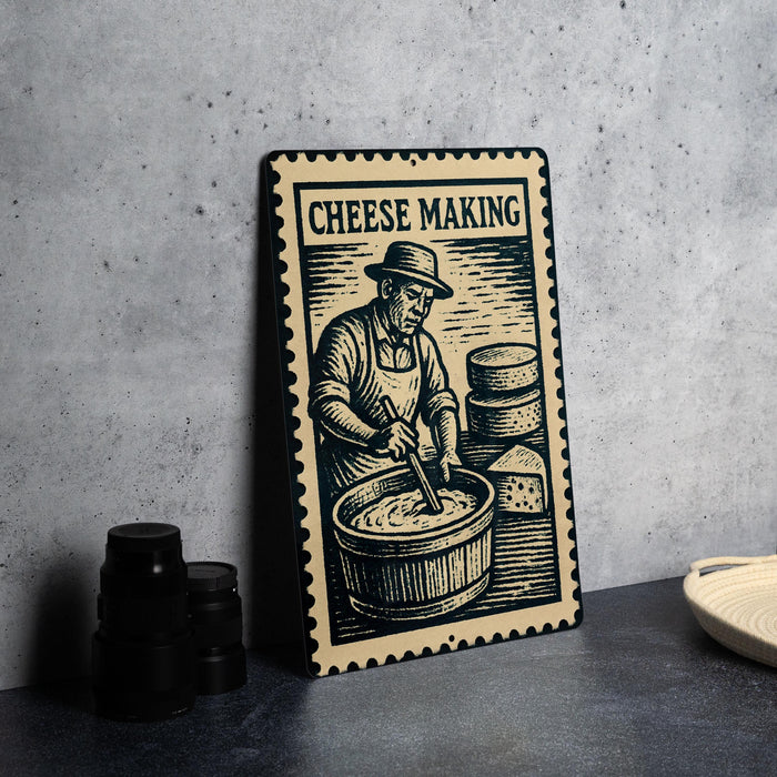 A metal sign with a black and white illustration of a man making cheese, along with the text "CHEESE MAKING" and a stamp-like border.