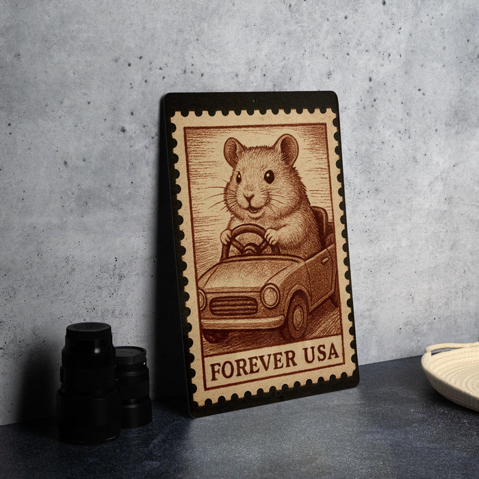 A metal stamp featuring a cartoon image of a hamster sitting in a car, with the text "FREVER USA" printed on it.