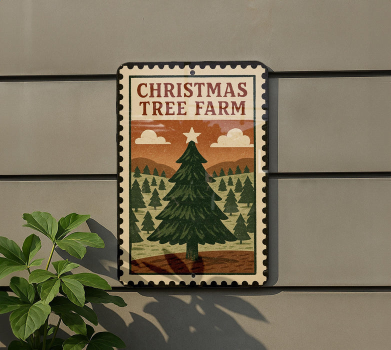 A Christmas tree farm sign is displayed on a wall, featuring a large illustration of a Christmas tree surrounded by pine trees and a cloudy sky.