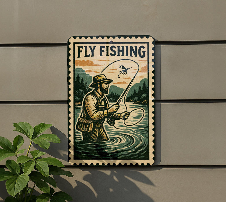 A vintage-style metal sign with a painting of a man fishing, mounted on a wall next to a plant.