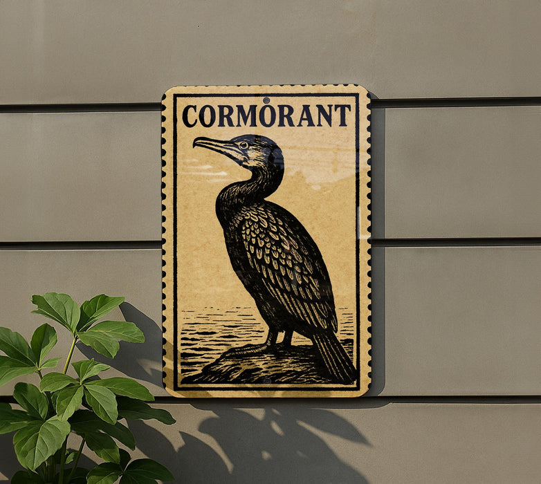 a sign with a black and white illustration of a bird, specifically a cormorant, perched on a rock.