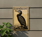 a sign with a black and white illustration of a bird, specifically a cormorant, perched on a rock.