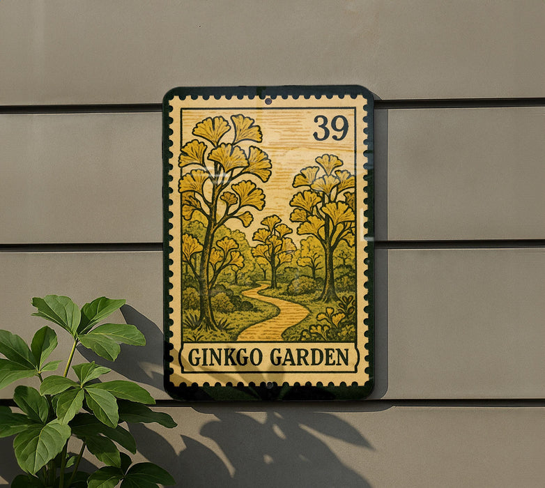 a sign for the Ginkgo Garden, which is a postage stamp-like design with a lush, forested landscape and a winding path.