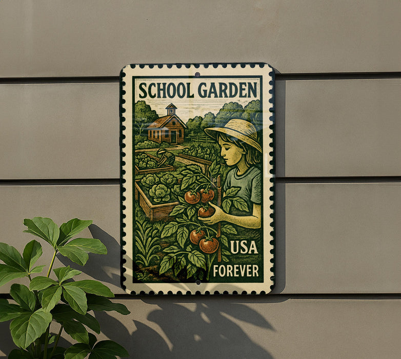 A metal sign with a woman tending to a garden, featuring a house and trees in the background.