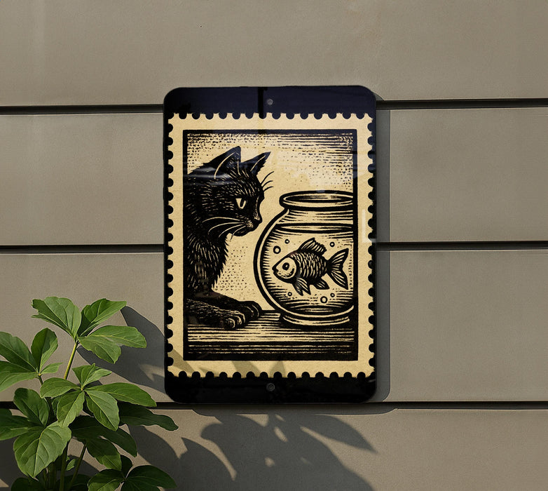 A black and white illustration of a cat sitting next to a fishbowl on a wall, with a plant in the foreground.
