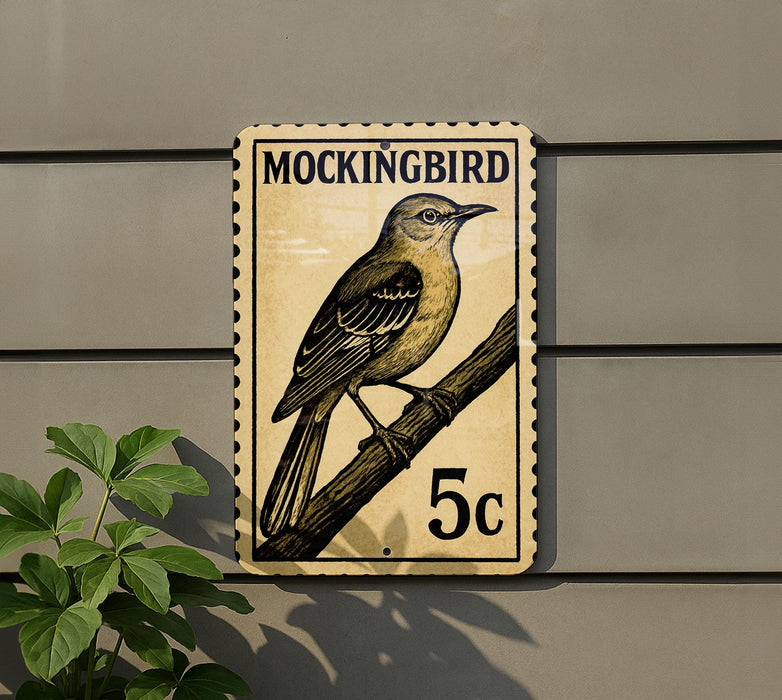A postage stamp-like sign featuring a bird perched on a branch, mounted on a wall.