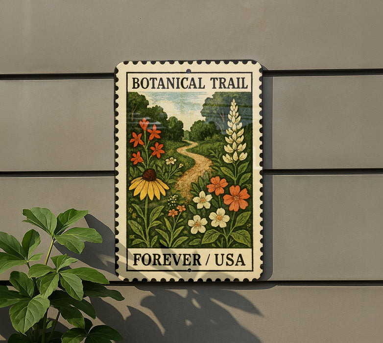 A sign for the Botanical Trail Forever Usa, featuring a colorful illustration of flowers and plants.