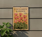 A sign for the Cyclamen Garden, featuring a postage stamp-like design with pink flowers and green leaves.