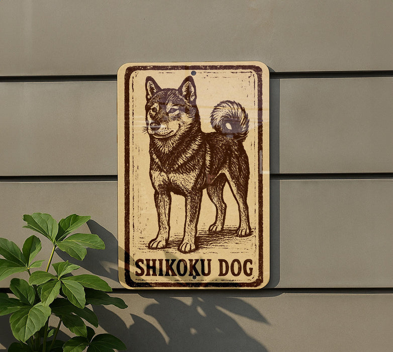 A sign featuring a drawing of a Shikoku dog, which is a breed of Japanese Shiba Inu dogs.
