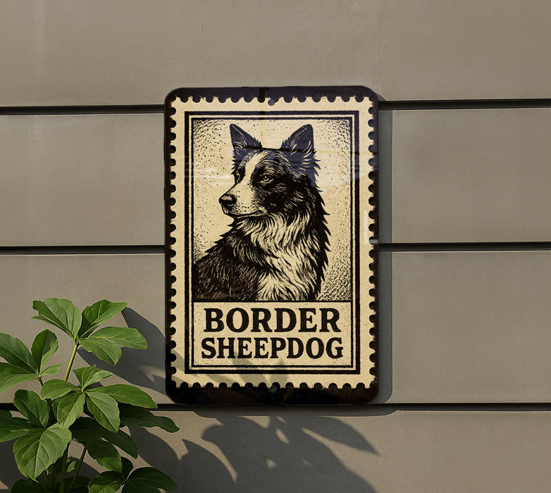 A metal sign with a black and white illustration of a Border Sheepad dog, mounted on a wall.