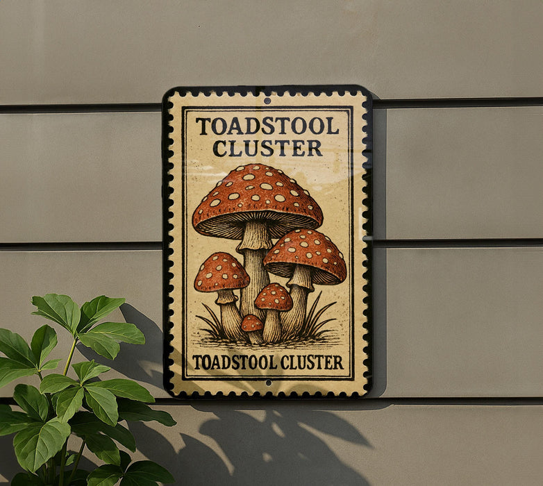 A sign for the "Toadstool Cluster" is displayed on a wall, featuring an illustration of three toadstools.