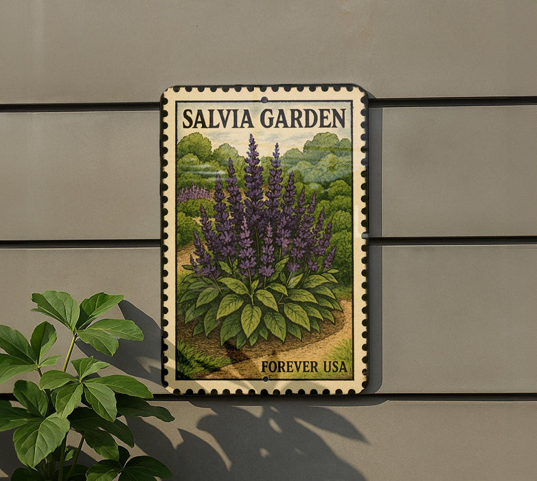 A framed print of a purple flower is hanging on a wall, with a plant to the left of it.