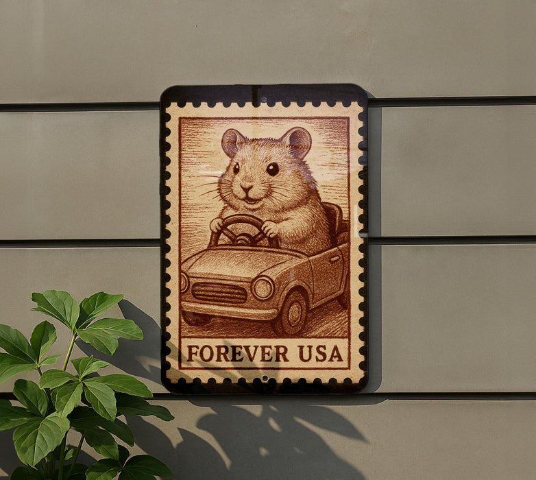 A postage stamp featuring a cartoon image of a hamster sitting in a car, with the text "FREVER USA" below it.
