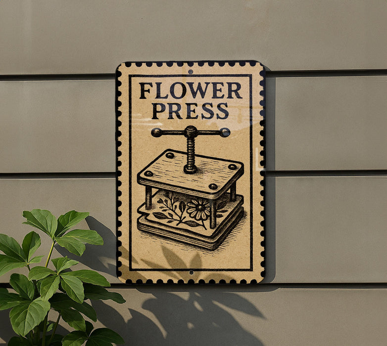 A sign for a flower press is displayed on a wall, with a plant visible to the left.