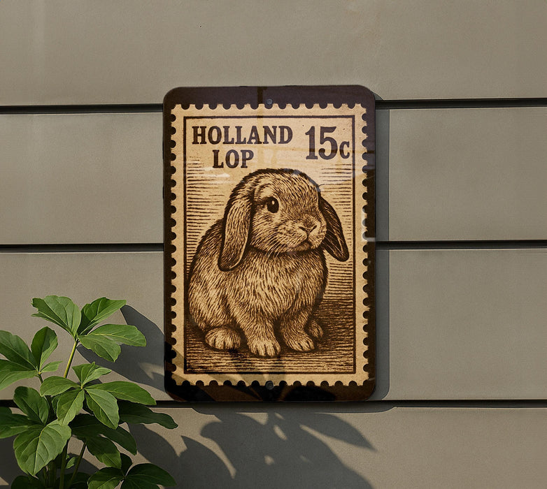 A brown postage stamp featuring a rabbit on a wall, with the text "Holland LOP 15c".