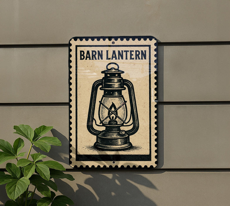 A metal sign with a lantern illustration is mounted on a wall, next to a plant.