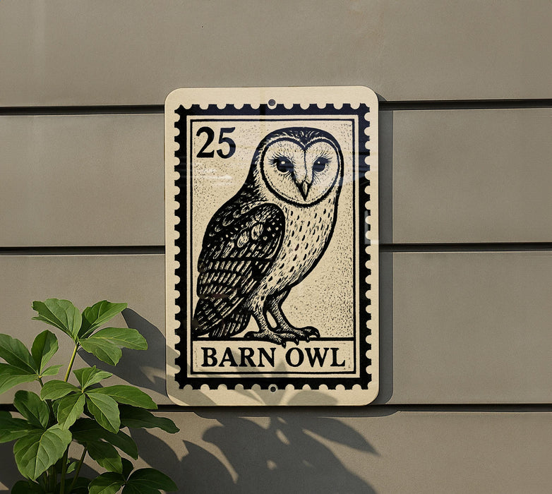 a sign with a barn owl illustration, mounted on a wall.
