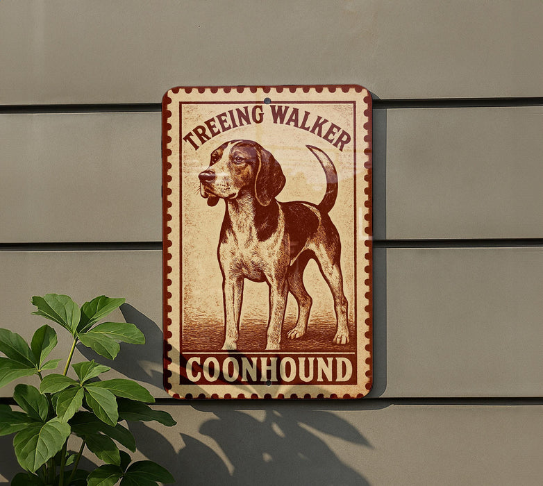 A sign for a Coonhound dog, featuring a picture of a brown and black Coonhound dog.