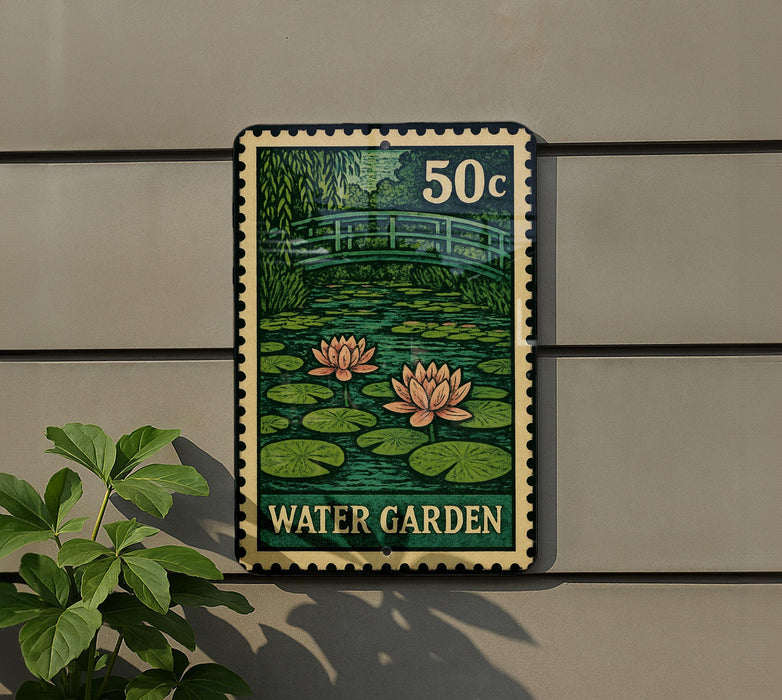 A postage stamp-like sign with a water garden illustration, mounted on a wall next to a plant.