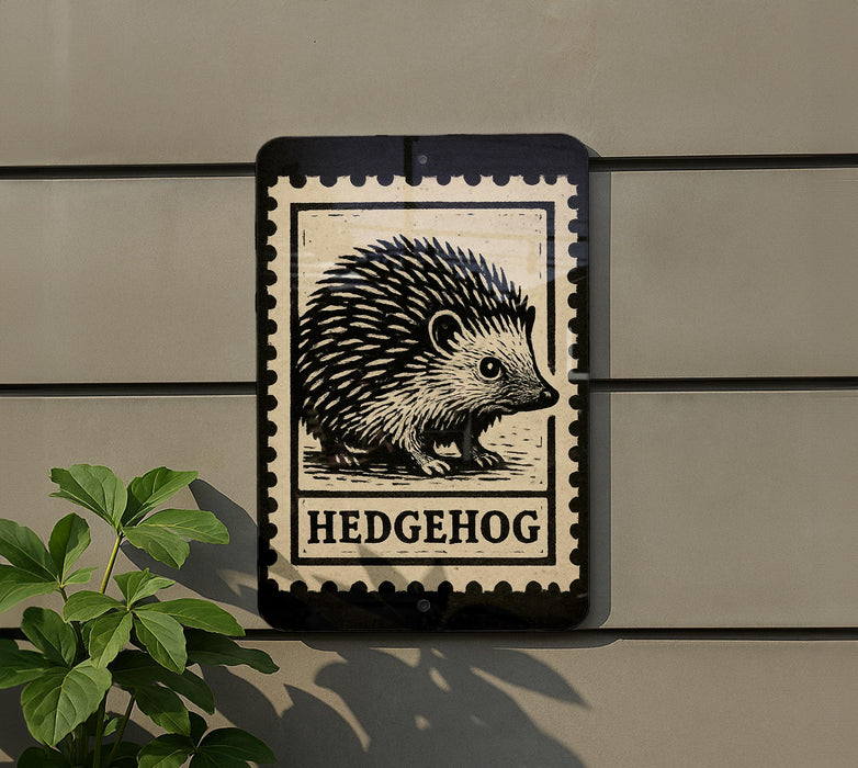 a sign with a hedgehog illustration on it, mounted on a wall.