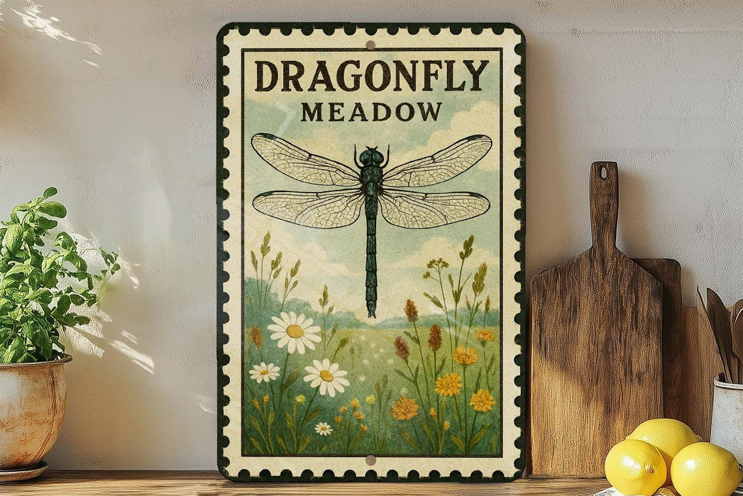 A framed sign with a dragonfly illustration hangs on a wall, surrounded by potted plants, a cutting board, and a bowl of lemons.