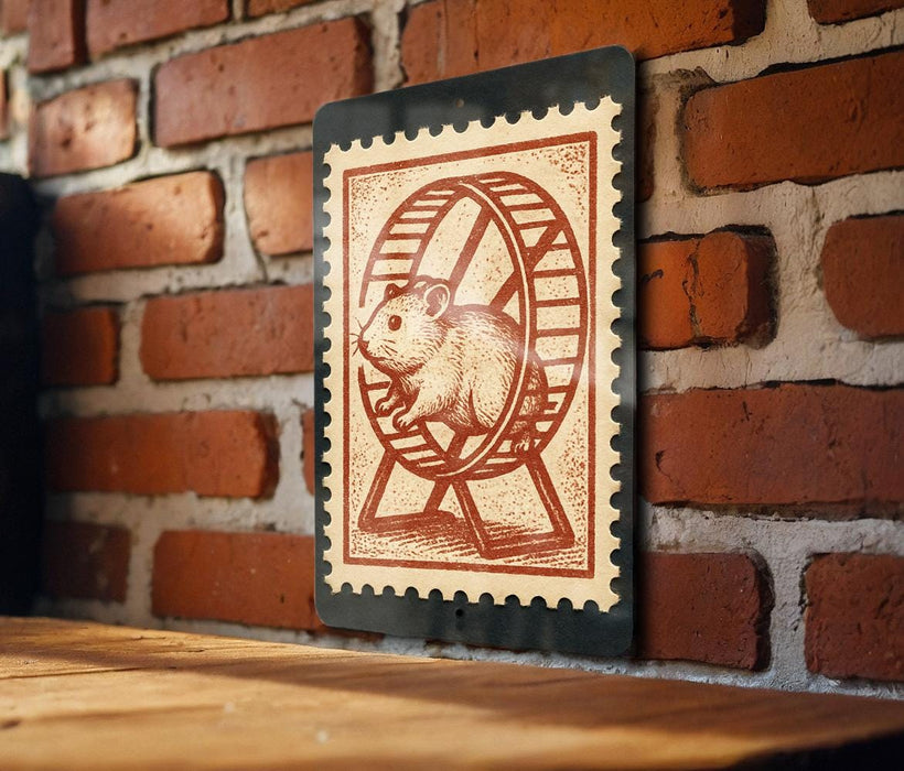 a small, wooden table with a black and white stamp-like artwork depicting a hamster running on a wheel.