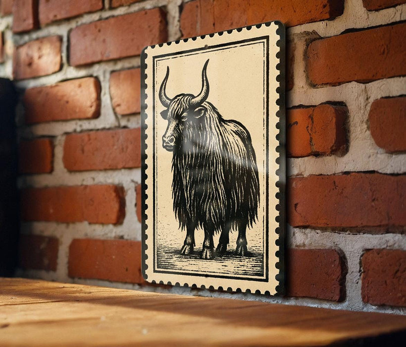 a wooden table with a framed illustration of a yak on it, mounted on a brick wall.