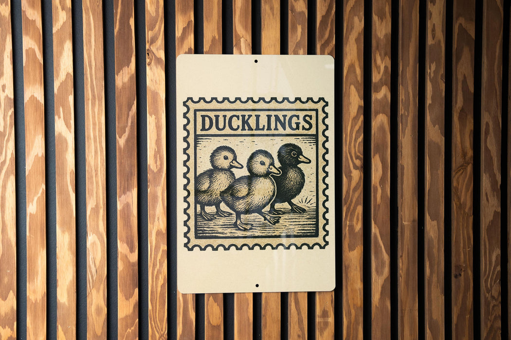 A sign with the word "DUCKLINGS" and an illustration of three ducks is mounted on a wooden wall.
