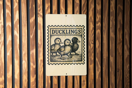 A sign with the word "DUCKLINGS" and an illustration of three ducks is mounted on a wooden wall.