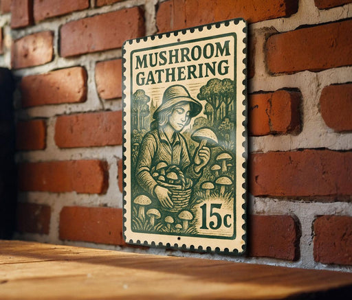 A metal sign with a stamp-like design hangs on a brick wall, featuring an illustration of a person holding mushrooms and the text "MUSHROOM GATHERING".