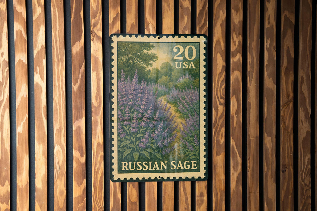 A postage stamp from the United States featuring a painting of a field of purple flowers, with the text "Russian Sage" printed on it.