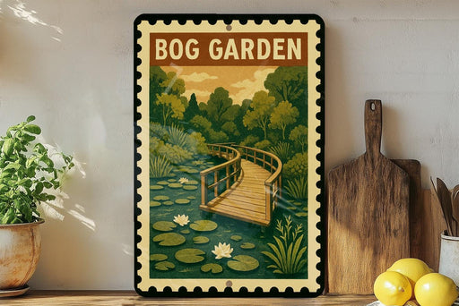 A vintage-style metal sign with a curved wooden bridge and lily pads, surrounded by a lush green forest and a clear sky, is displayed on a wooden shelf.