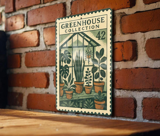 A vintage-style metal stamp with a green and white design depicting a greenhouse filled with various potted plants, mounted on a brick wall.