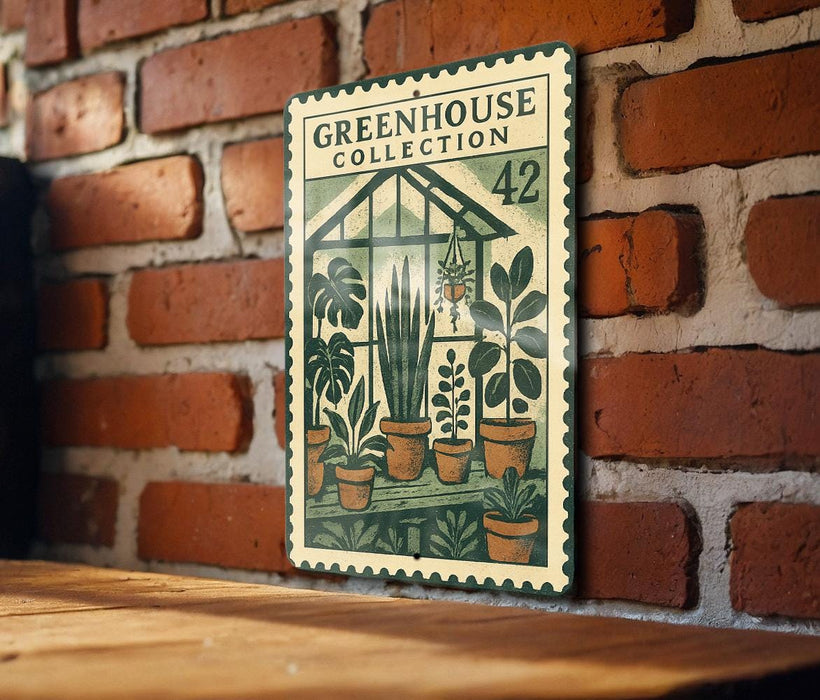 A vintage-style metal stamp with a green and white design depicting a greenhouse filled with various potted plants, mounted on a brick wall.