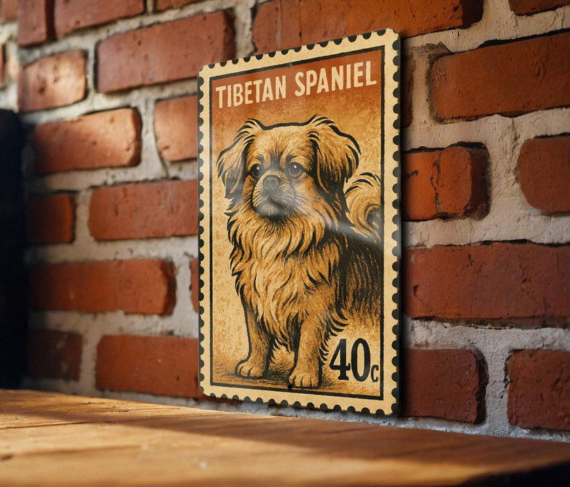 A Tibetan Spaniel dog is depicted on a wooden surface, with a brick wall in the background.