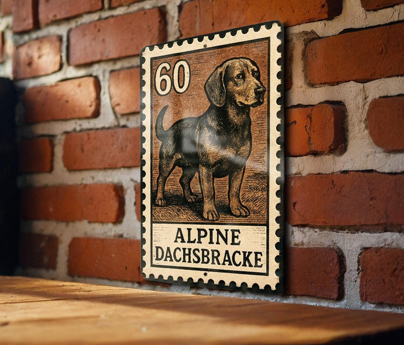 Alpine Dachsbracke Metal Sign – Vintage Stamp Style Dog Wall Art, Rustic Pet Decor, Hunting Breed Tin Sign for Cabin or Home