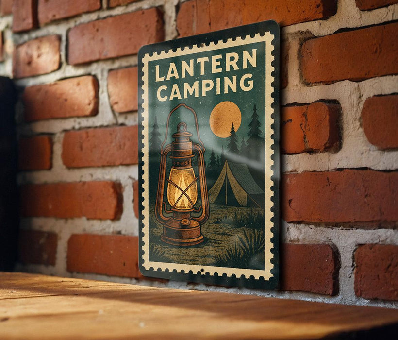 A lantern camping sign is displayed on a brick wall, featuring an illustration of a lantern and a tent in a wooded area.