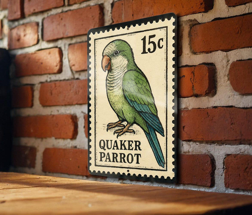 A postage stamp featuring a Quaker Parrot is displayed on a brick wall.
