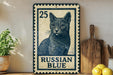 A vintage-style metal sign with a cat illustration, featuring the text "Russian Blue" and the number "25" on it, is displayed on a shelf next to a wooden cutting board and some potted plants.