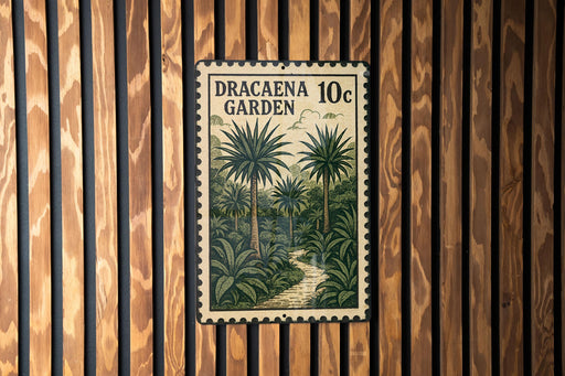 A postage stamp with a tropical garden scene is displayed on a wooden wall.