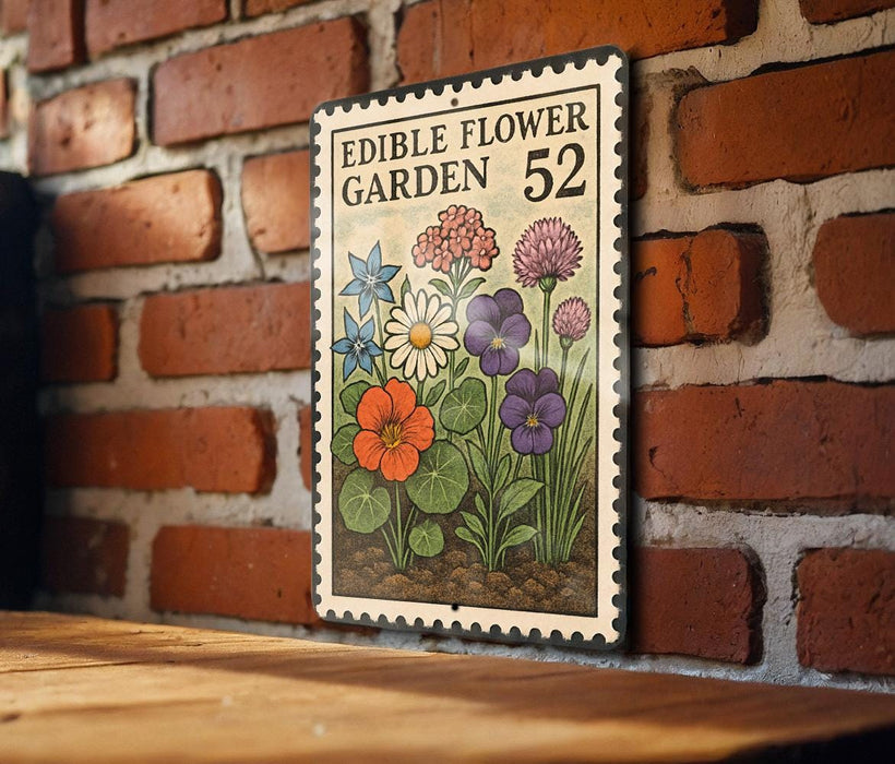 a vintage-style metal sign with a floral illustration, mounted on a brick wall.