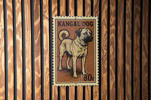 A brown and black dog illustration on a brown and black postage stamp.