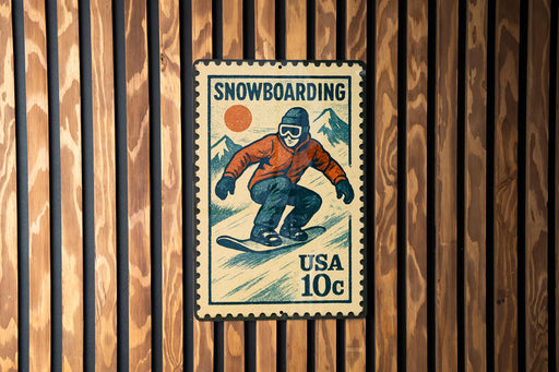 A vintage-style postage stamp featuring a snowboarder on a mountain slope, with the text "SNOWBOARDING" and "USA 10c" printed on it.